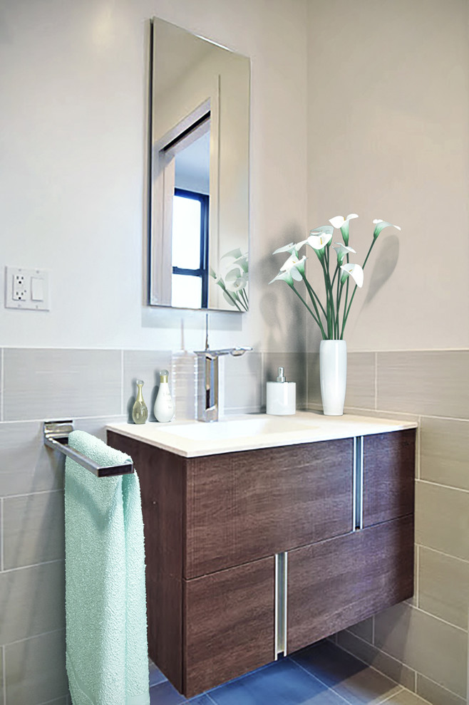 This is an example of a large contemporary ensuite bathroom in New York with a submerged sink, flat-panel cabinets, medium wood cabinets, marble worktops, a built-in bath, a shower/bath combination, a two-piece toilet, white tiles, porcelain tiles, white walls and porcelain flooring.