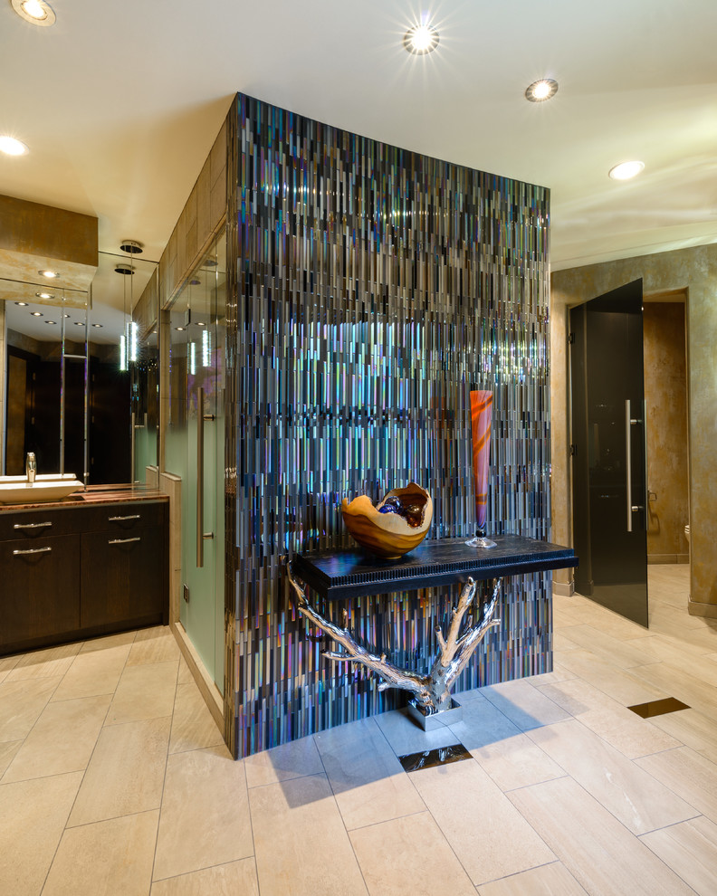 Inspiration for a contemporary bathroom in Minneapolis with a double shower and multi-coloured tiles.