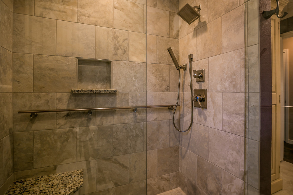 Inspiration for a small victorian 3/4 beige tile and porcelain tile porcelain tile alcove shower remodel in Austin with raised-panel cabinets, white cabinets, a two-piece toilet, purple walls, an undermount sink and granite countertops