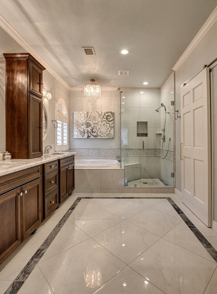 Bathroom - large transitional master white tile and porcelain tile marble floor bathroom idea in Phoenix with flat-panel cabinets, medium tone wood cabinets, gray walls, an undermount sink and quartz countertops