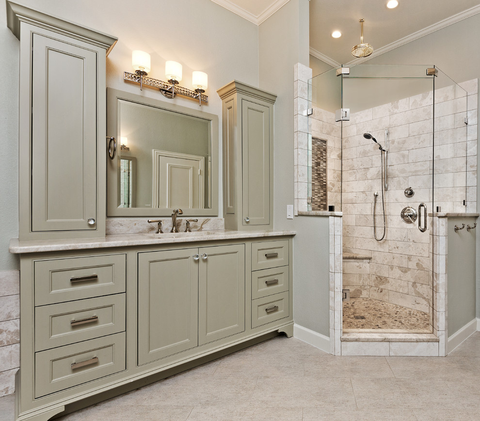 Bathroom - traditional master beige tile and stone tile porcelain tile bathroom idea in Dallas with an undermount sink, beaded inset cabinets, green cabinets, gray walls and granite countertops