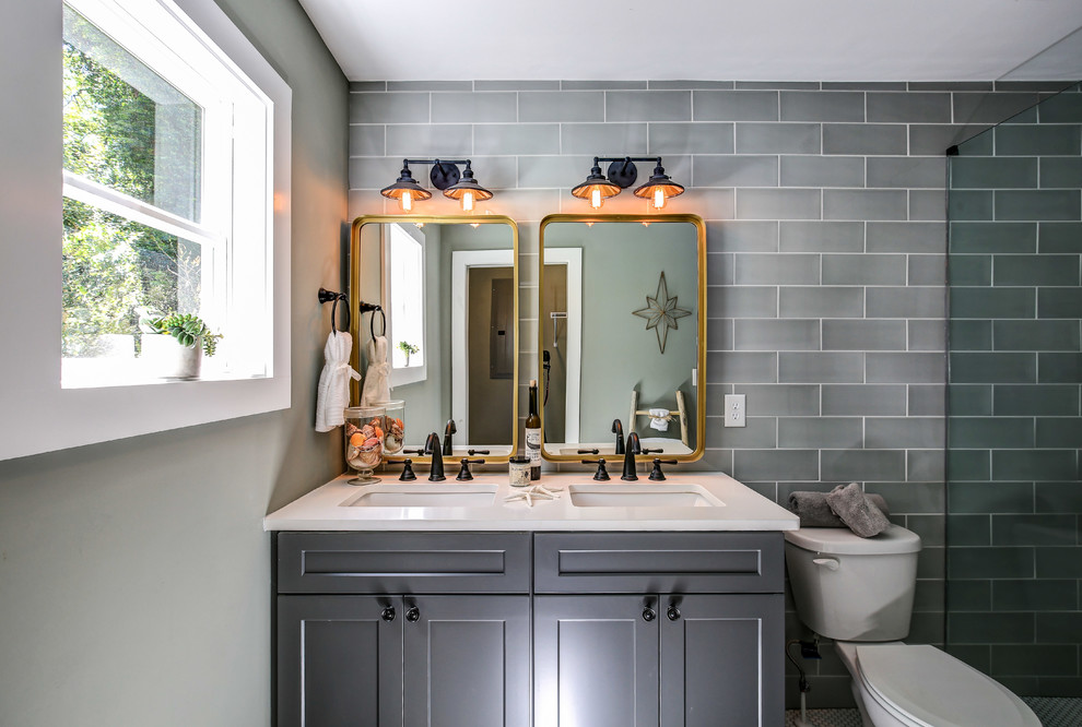 Inspiration for a small transitional master gray tile and ceramic tile doorless shower remodel in Atlanta with shaker cabinets, white cabinets, gray walls and quartz countertops