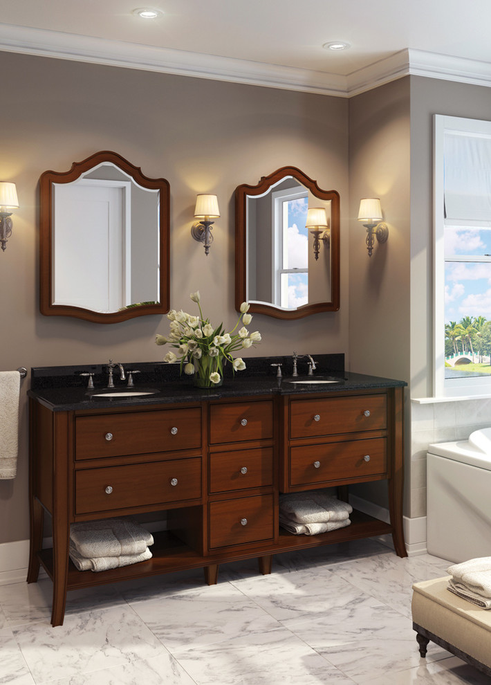 Example of a mid-sized classic master marble floor alcove bathtub design in Orange County with beaded inset cabinets, dark wood cabinets, brown walls and an undermount sink
