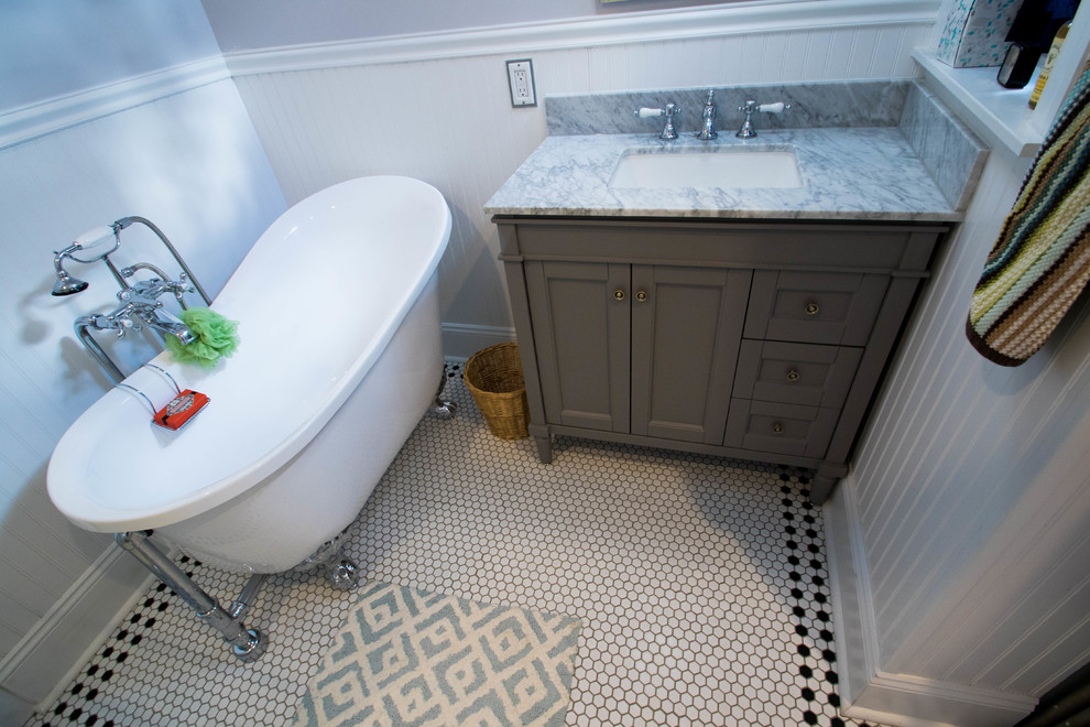 Bathroom - mid-sized victorian master white tile and ceramic tile ceramic tile bathroom idea in Philadelphia with recessed-panel cabinets, gray cabinets, a two-piece toilet, gray walls, an undermount sink and marble countertops