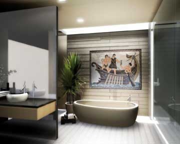 Imagen de cuarto de baño contemporáneo con baldosas y/o azulejos multicolor y baldosas y/o azulejos en mosaico