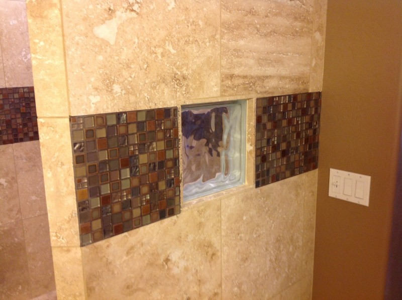 Mid-sized elegant master beige tile doorless shower photo in Phoenix