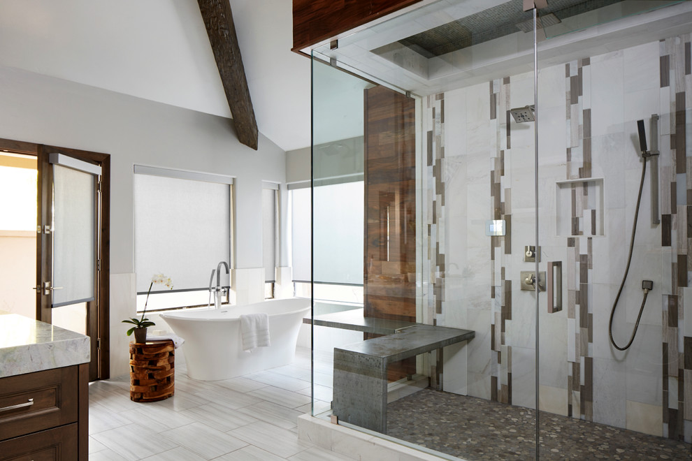 Large trendy master bathroom photo in Phoenix with quartzite countertops