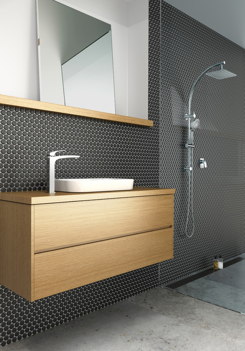 Dramatic Contrast: Black Penny Tile Bathroom with Wood Vanity