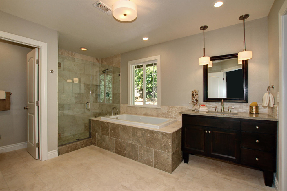 Example of a farmhouse beige floor bathroom design in Sacramento with an undermount sink, flat-panel cabinets, brown cabinets and a hinged shower door