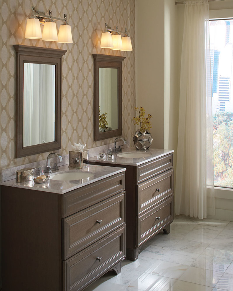 Bathroom - mid-sized traditional master multicolored tile and stone slab marble floor bathroom idea in Other with recessed-panel cabinets, dark wood cabinets, beige walls, an undermount sink and marble countertops