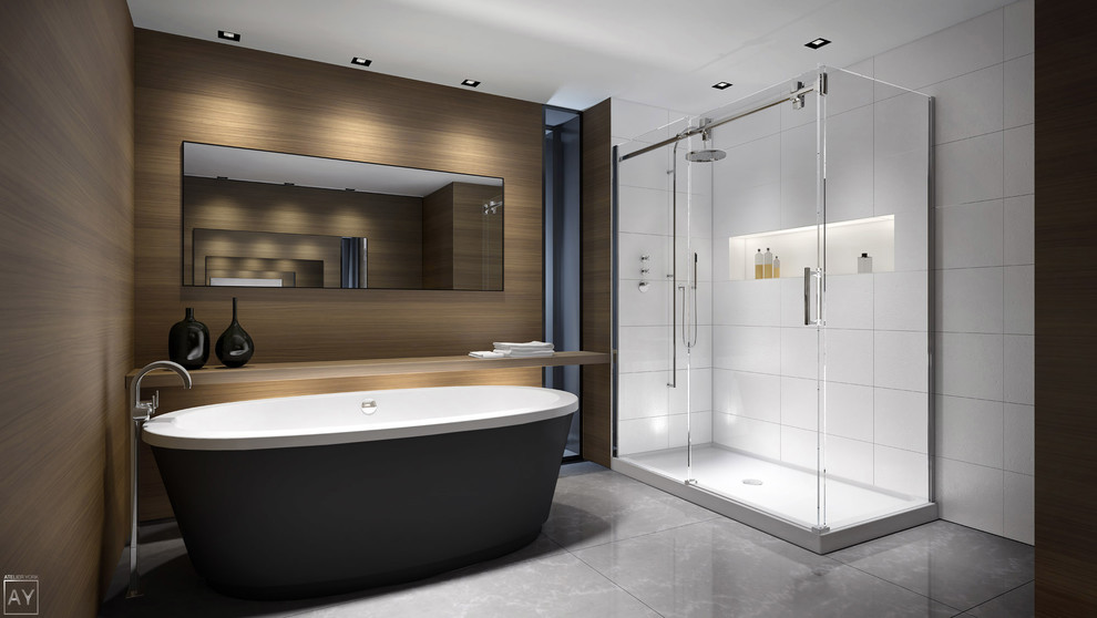 Large contemporary ensuite bathroom in Miami with a freestanding bath, a corner shower, white tiles, ceramic tiles, multi-coloured walls, porcelain flooring and wooden worktops.