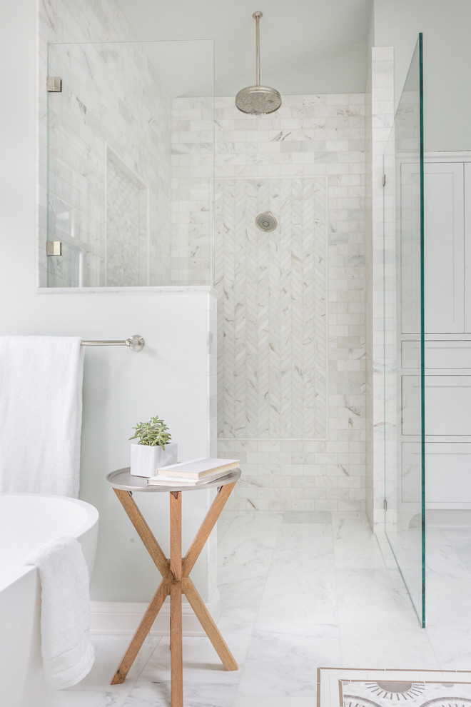 Inspiration for a mid-sized craftsman master white tile and stone tile marble floor bathroom remodel in San Francisco with shaker cabinets, white cabinets, a two-piece toilet, blue walls, an undermount sink and quartz countertops