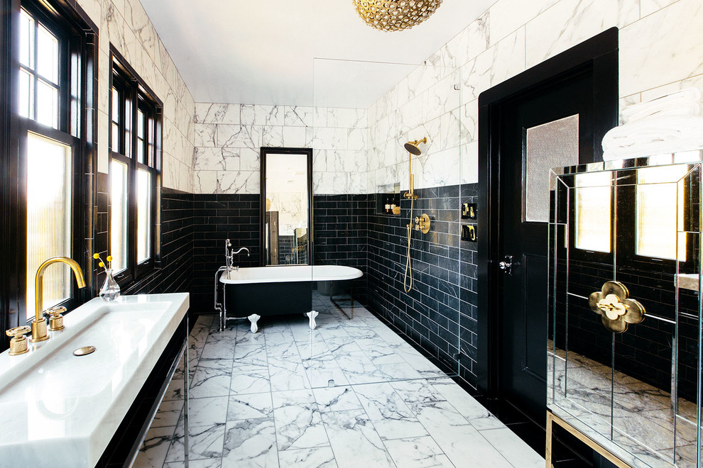 Design ideas for an expansive contemporary ensuite bathroom in San Francisco with a claw-foot bath, a walk-in shower, a one-piece toilet, black and white tiles, stone tiles, marble flooring, a trough sink and an open shower.