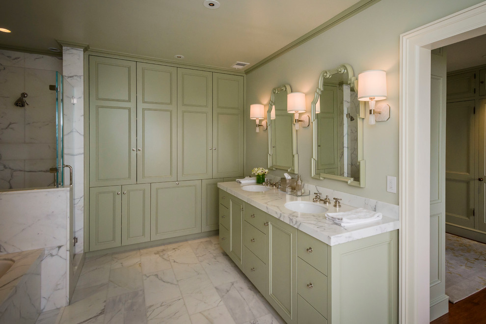 Classic ensuite bathroom in San Francisco with green cabinets, a corner shower, green walls and ceramic flooring.