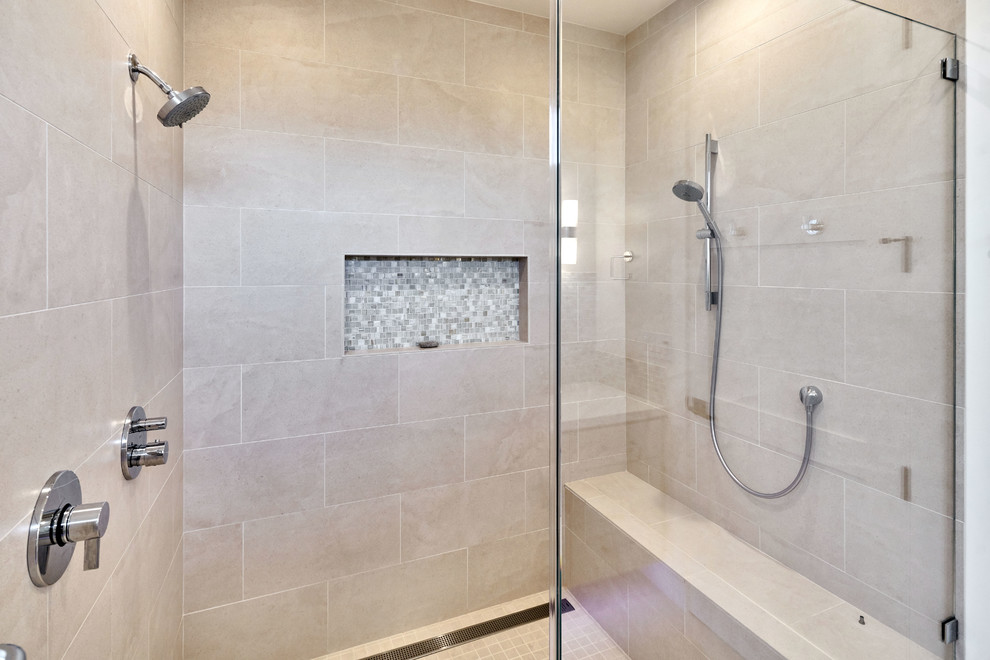 Bathroom - large transitional master beige tile and porcelain tile beige floor bathroom idea in San Francisco with shaker cabinets, beige cabinets, beige walls, an undermount sink, quartz countertops and beige countertops