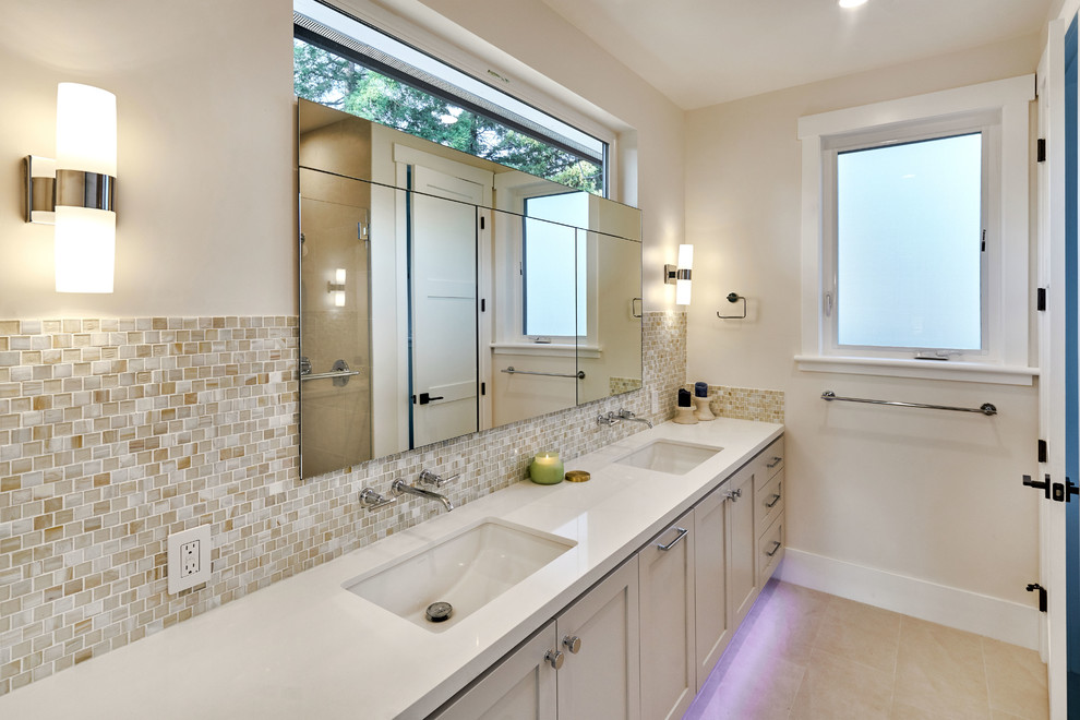 Bathroom - large transitional master beige tile, white tile and mosaic tile beige floor bathroom idea in San Francisco with shaker cabinets, beige cabinets, beige walls, an undermount sink, quartz countertops and beige countertops