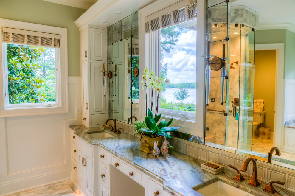 Inspiration for a medium sized classic ensuite bathroom in Atlanta with recessed-panel cabinets, white cabinets, a submerged bath, an alcove shower, a two-piece toilet, multi-coloured tiles, mosaic tiles, beige walls, marble flooring, a submerged sink, marble worktops, white floors and a hinged door.