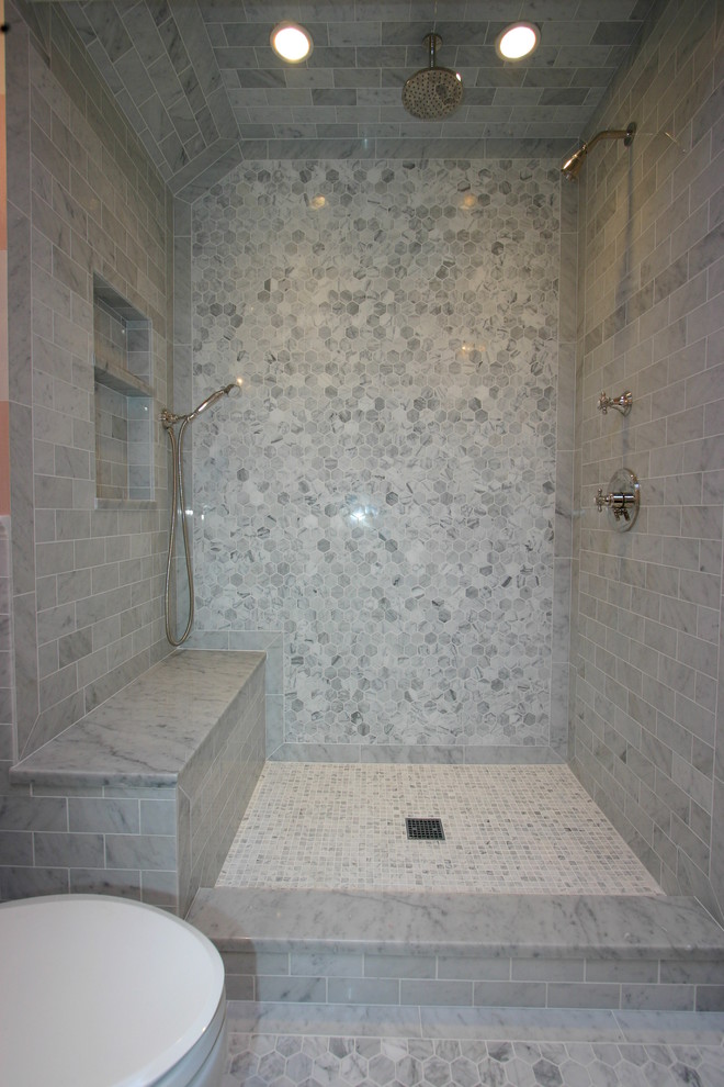 Inspiration for a mid-sized eclectic 3/4 gray tile and stone tile marble floor alcove shower remodel in Chicago with gray walls, louvered cabinets, gray cabinets, a two-piece toilet, an undermount sink and marble countertops