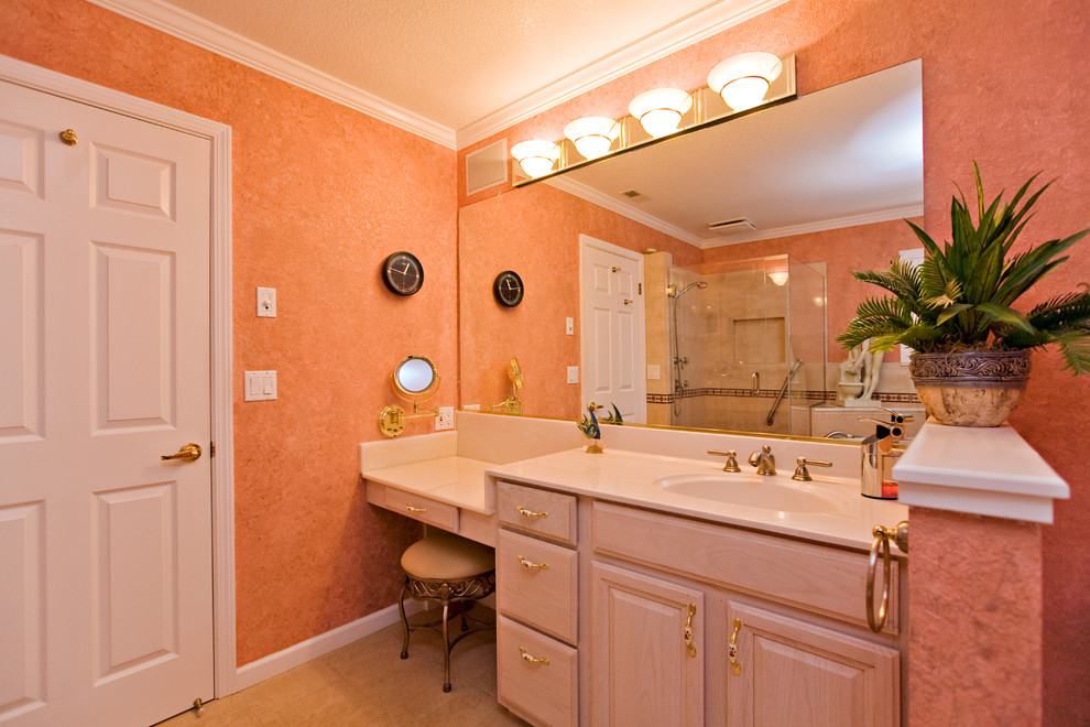 Pink Master Bathroom, short wall for toilet privacy, makeup counter