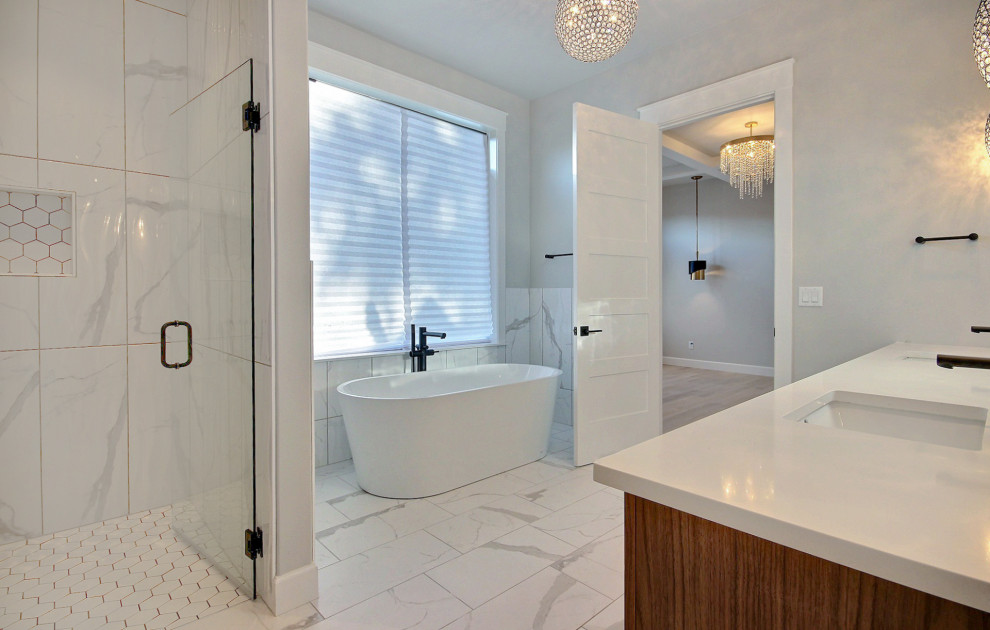 Bathroom - large farmhouse master white tile and ceramic tile ceramic tile, white floor and double-sink bathroom idea in Portland with flat-panel cabinets, brown cabinets, a bidet, beige walls, an undermount sink, quartz countertops, a hinged shower door, white countertops and a built-in vanity