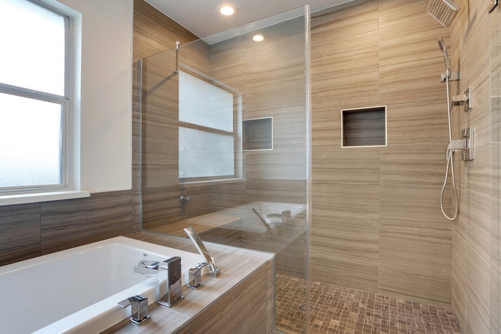 Inspiration for a large modern master green tile and porcelain tile porcelain tile bathroom remodel in New Orleans with a vessel sink, shaker cabinets, dark wood cabinets, quartzite countertops, a two-piece toilet and blue walls