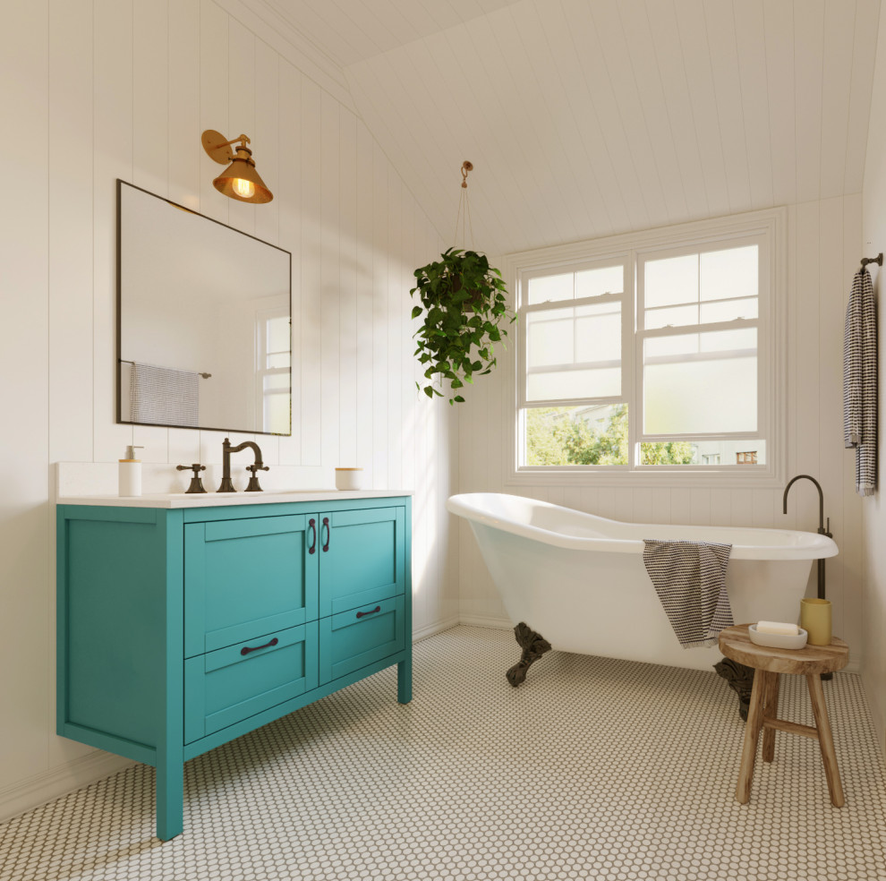Inredning av ett eklektiskt mellanstort vit vitt badrum, med möbel-liknande, blå skåp, ett badkar med tassar, vita väggar, mosaikgolv, ett nedsänkt handfat, bänkskiva i kvartsit och vitt golv
