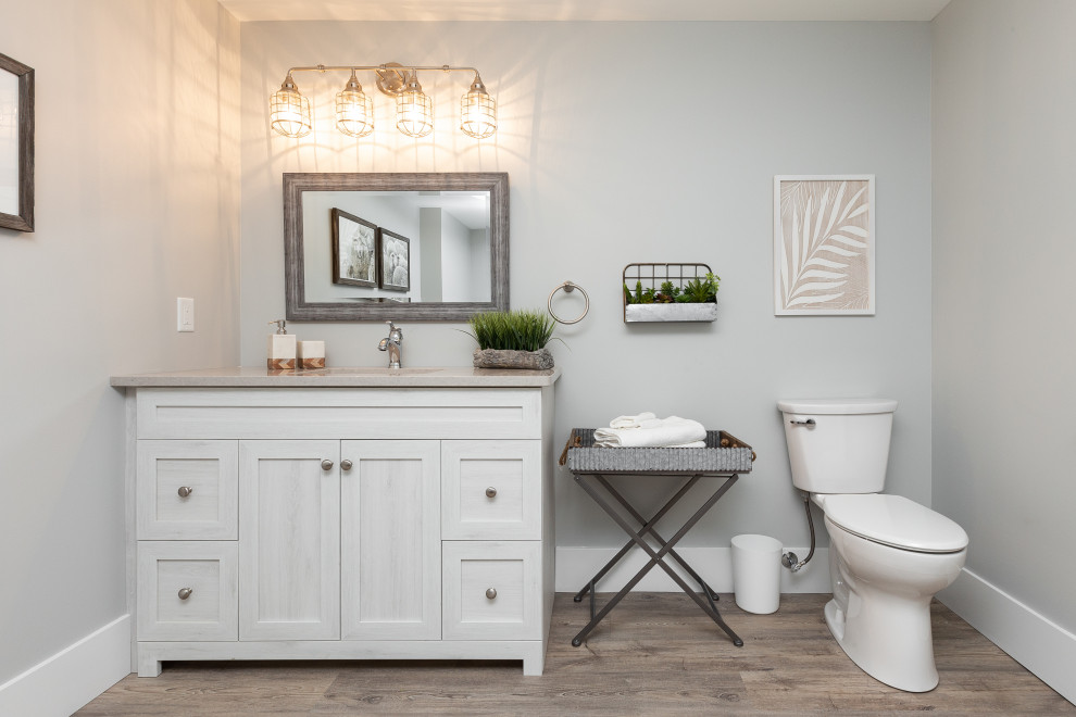 Cette image montre une salle d'eau traditionnelle en bois clair de taille moyenne avec un placard à porte shaker, WC séparés, un mur gris, un lavabo encastré, un sol gris, un plan de toilette gris, meuble simple vasque et meuble-lavabo encastré.