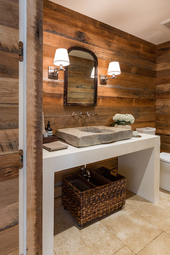 This is an example of a large rustic ensuite bathroom in Miami with open cabinets, medium wood cabinets, a freestanding bath, a one-piece toilet, white walls, ceramic flooring, a vessel sink and solid surface worktops.