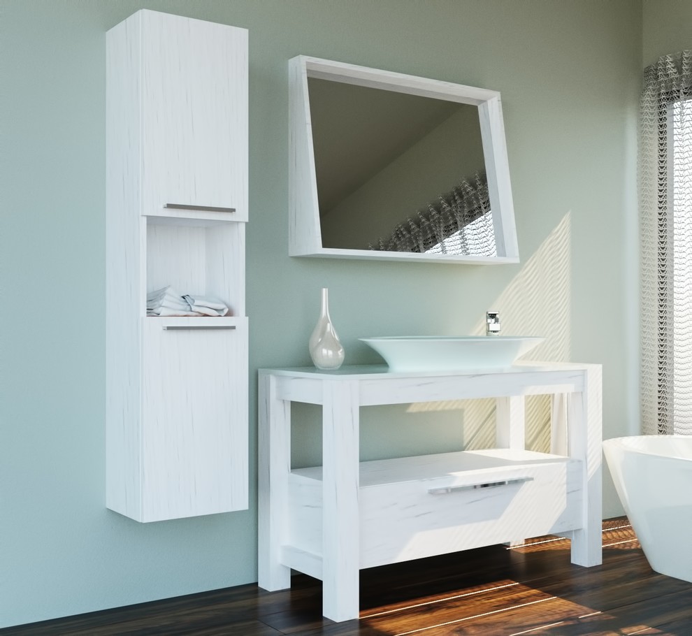 Esempio di una piccola stanza da bagno minimal con consolle stile comò, ante bianche, lavabo a bacinella, top in superficie solida e top bianco