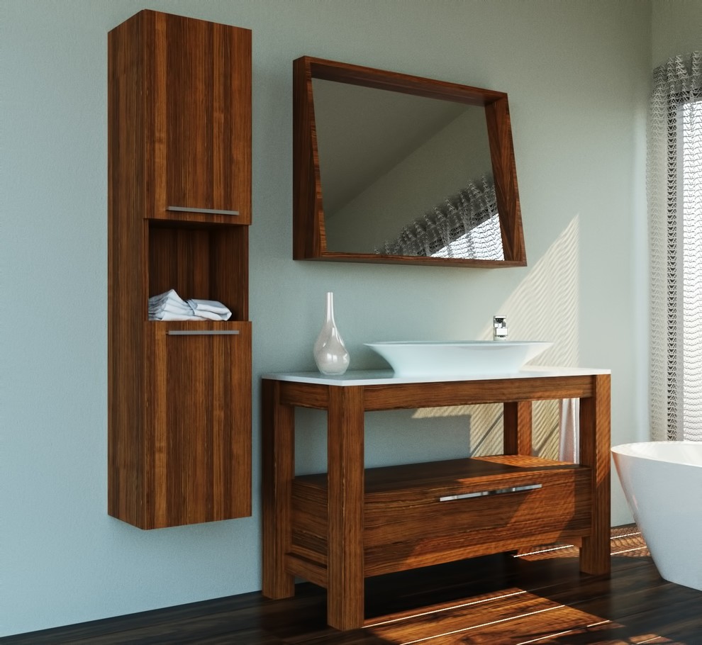 Ispirazione per una piccola stanza da bagno contemporanea con consolle stile comò, ante marroni, lavabo a bacinella, top in superficie solida e top bianco