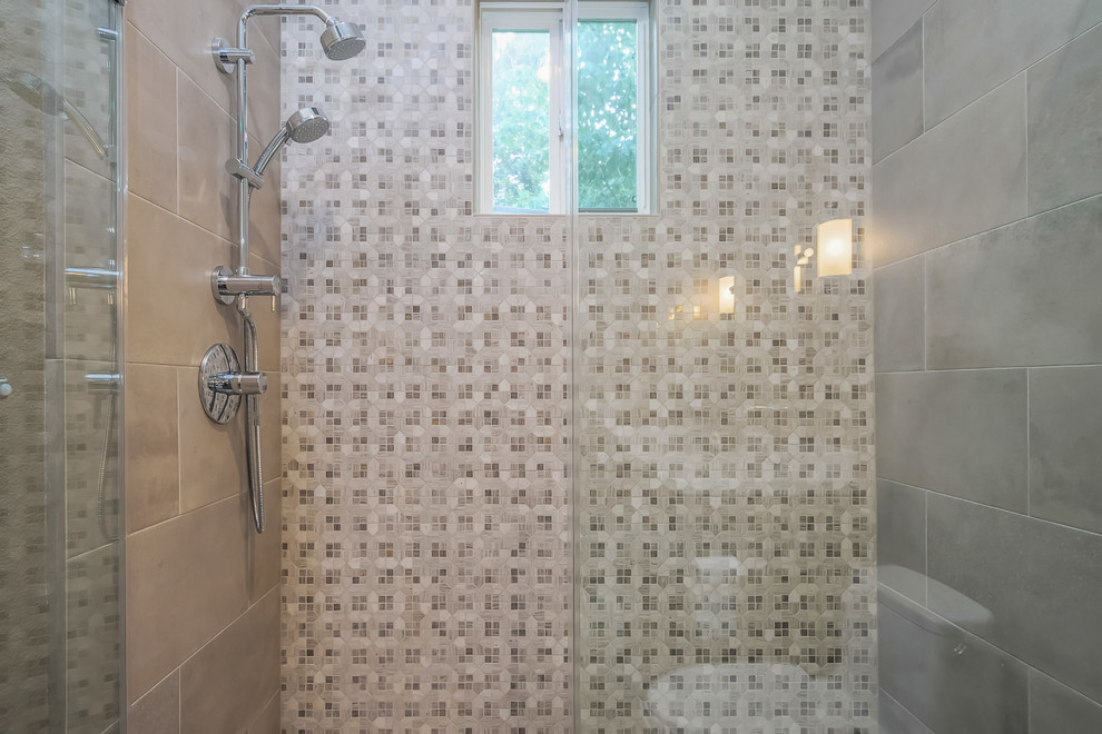 Mid-sized trendy 3/4 beige tile, brown tile and glass tile porcelain tile and brown floor alcove shower photo in San Francisco with shaker cabinets, brown cabinets, a one-piece toilet, beige walls, an undermount sink, solid surface countertops and a hinged shower door