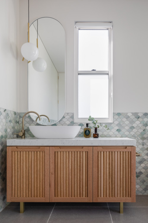 Fish Scale Finesse: Scandinavian Vanity with Light Wood