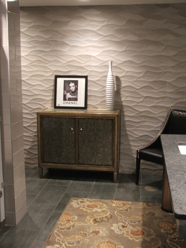 Photo of a retro bathroom in Other with grey tiles, marble tiles, porcelain flooring, granite worktops, black floors and grey worktops.
