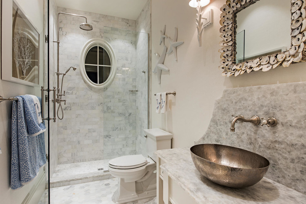 Bathroom - coastal bathroom idea in Miami with a hinged shower door
