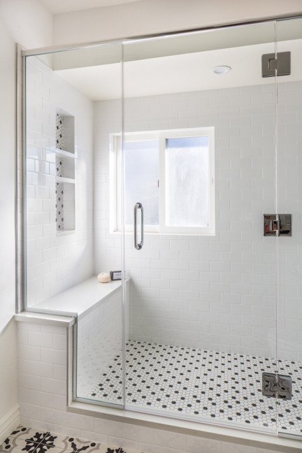 Alcove shower - large craftsman kids' black and white tile and porcelain tile ceramic tile and multicolored floor alcove shower idea in Denver with recessed-panel cabinets, gray cabinets, a one-piece toilet, gray walls, an undermount sink, quartzite countertops and a hinged shower door