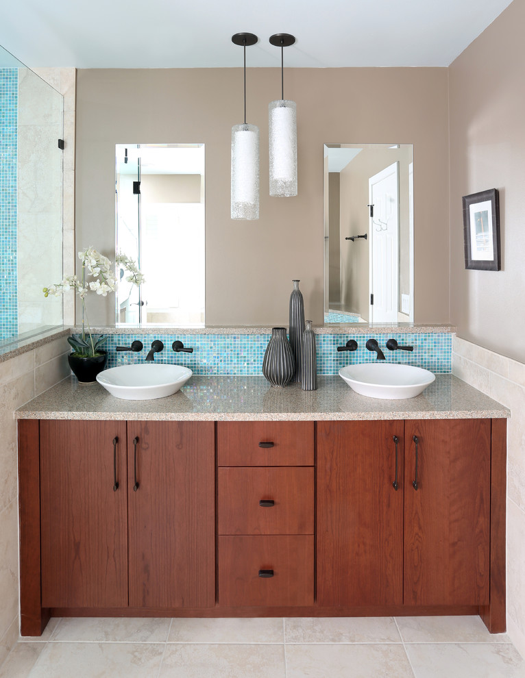 Inspiration for a mid-sized contemporary master blue tile and mosaic tile bathroom remodel in Chicago with a vessel sink, flat-panel cabinets, medium tone wood cabinets, quartz countertops and beige walls