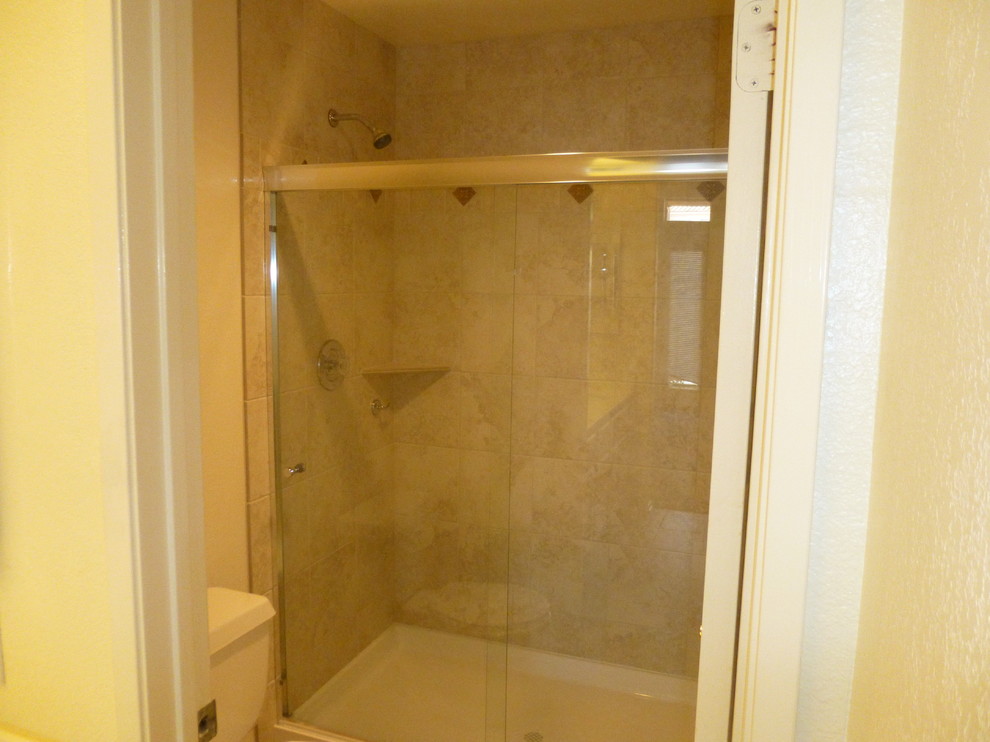 Porcelain Tile Shower with Fiberglass Shower Pan Modern Bathroom