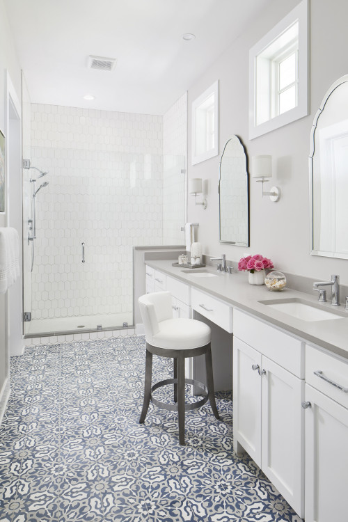 Beachy Retreat: Shaker Vanity in a Blue and White Bathroom