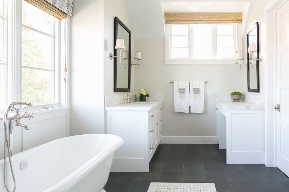 Inspiration for a large transitional master white tile and stone tile porcelain tile bathroom remodel in Orange County with shaker cabinets, white cabinets, beige walls, an undermount sink and marble countertops