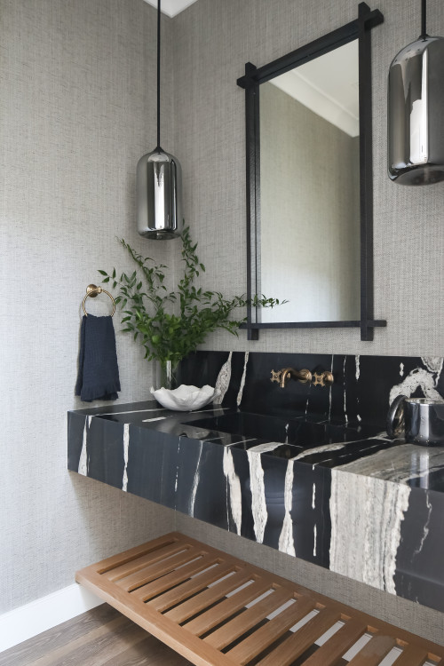 Onyx Opulence: Black Onyx Vanity, Gray Linen Wallpaper, and Wood Shelf Bathroom Mirror Inspirations