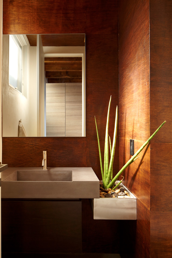 Foto de cuarto de baño moderno de tamaño medio con paredes marrones, lavabo integrado y encimera de cemento
