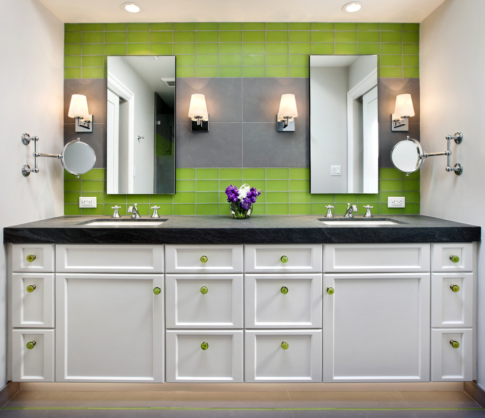 Example of a trendy kids' green tile and glass tile bathroom design in San Francisco with an undermount sink, shaker cabinets and white cabinets