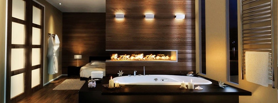 На фото: большая главная ванная комната в стиле неоклассика (современная классика) с плоскими фасадами, темными деревянными фасадами, гидромассажной ванной, коричневыми стенами и темным паркетным полом