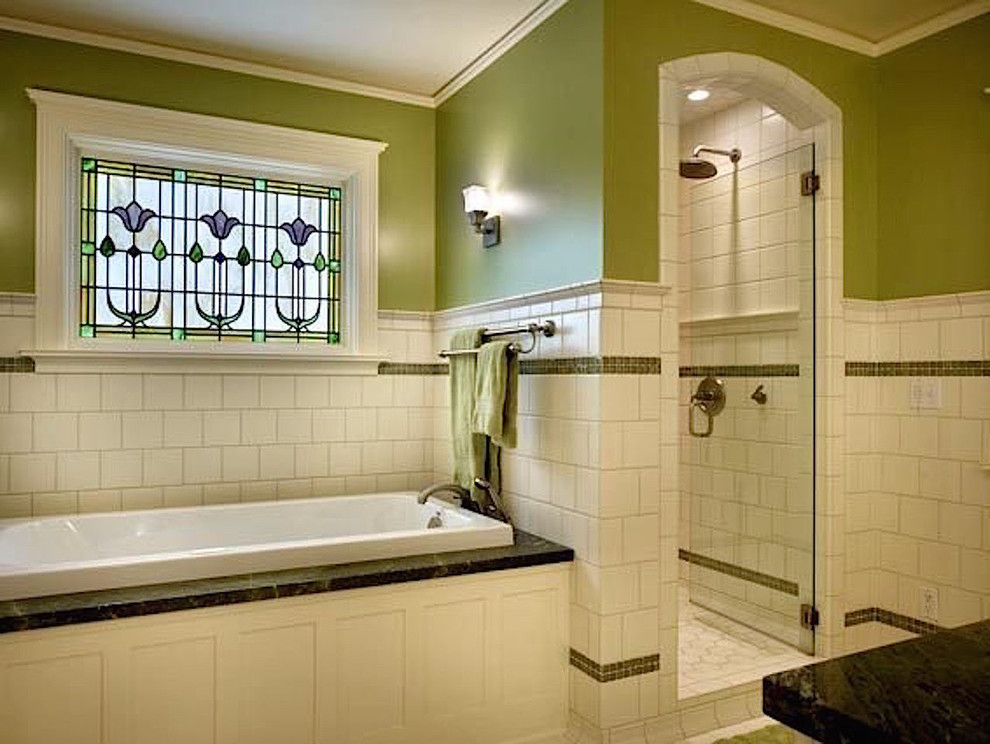 Example of a mid-sized classic master white tile and ceramic tile ceramic tile bathroom design in Seattle with green walls and marble countertops
