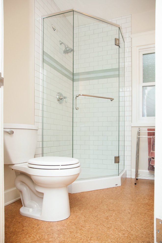 Corner shower - mid-sized transitional 3/4 white tile corner shower idea in Portland