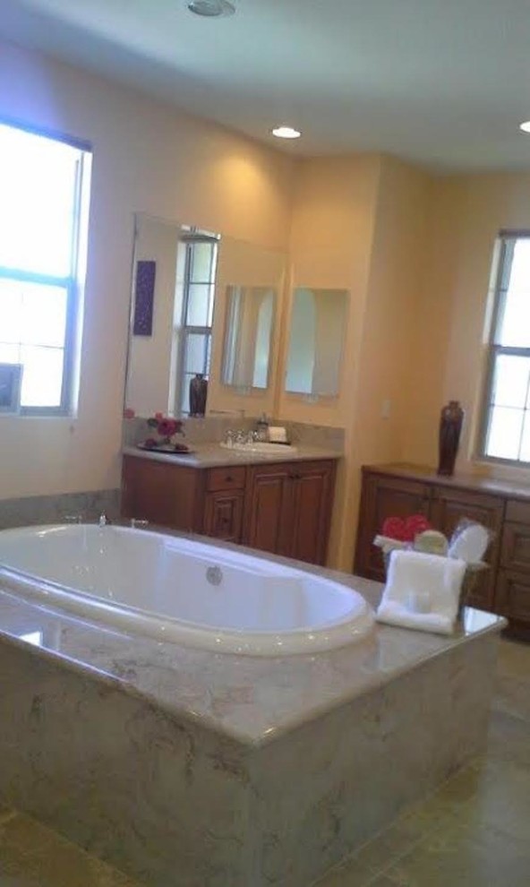 Large trendy master bathroom photo in Orange County with beaded inset cabinets and medium tone wood cabinets