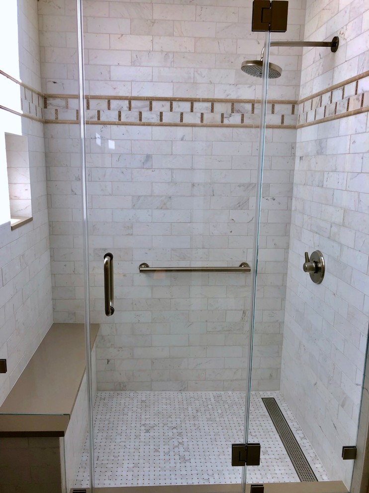 Inspiration for a small classic shower room bathroom in San Francisco with beaded cabinets, light wood cabinets, an alcove shower, blue tiles, terracotta tiles, mosaic tile flooring, engineered stone worktops, a hinged door and white worktops.