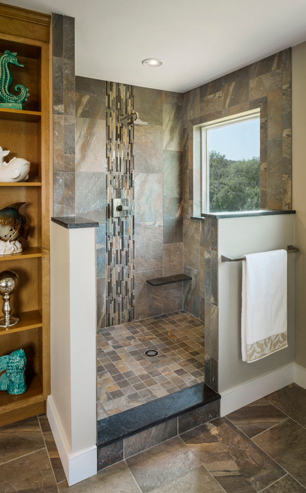 Doorless shower - large transitional master ceramic tile and beige tile ceramic tile doorless shower idea in Providence with raised-panel cabinets, medium tone wood cabinets, an undermount tub, a one-piece toilet, gray walls, an undermount sink and granite countertops