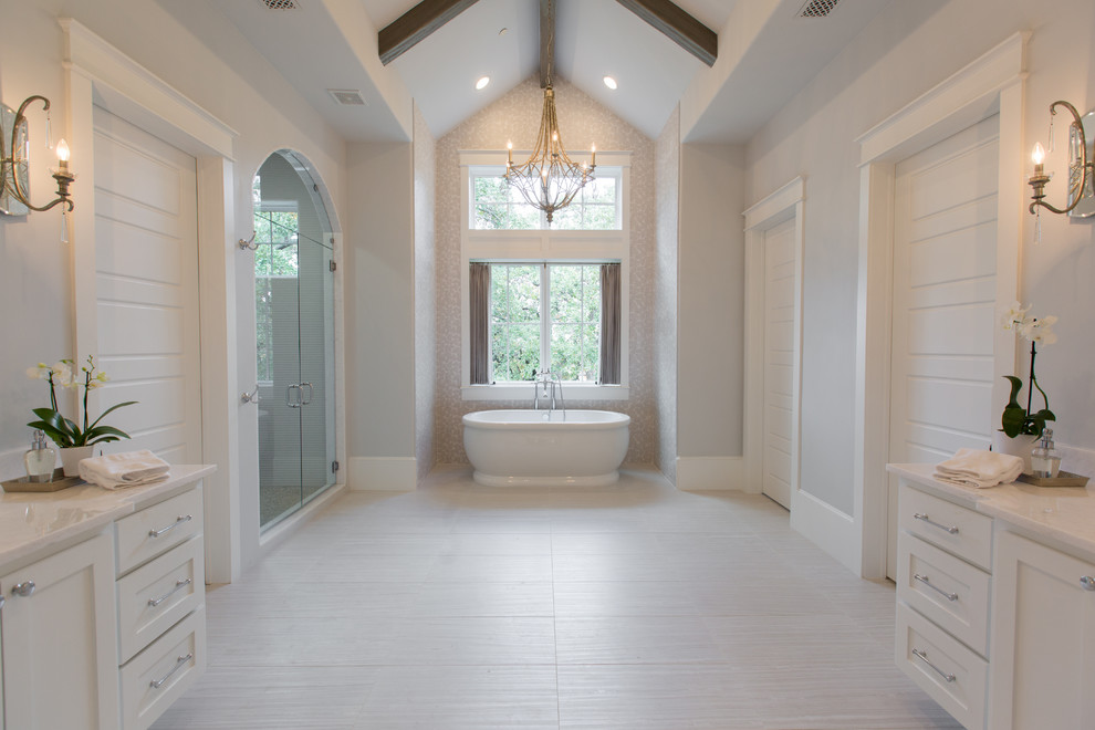 Huge transitional master porcelain tile and gray floor bathroom photo in Dallas with recessed-panel cabinets, white cabinets, quartz countertops, a hinged shower door, gray walls and an undermount sink
