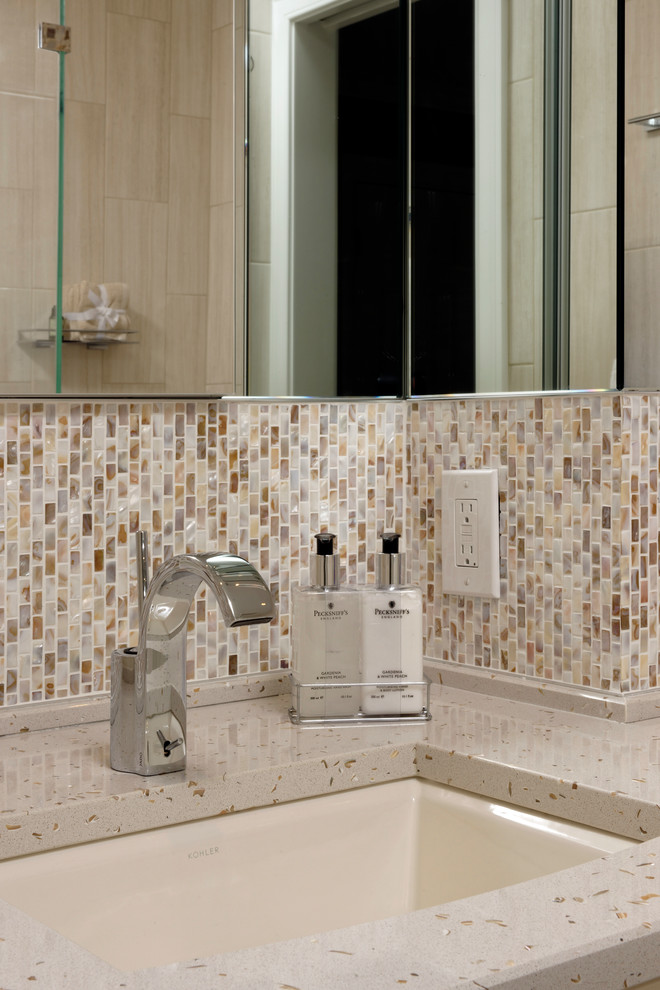 Example of a mid-sized transitional master beige tile and glass tile ceramic tile and beige floor corner shower design in DC Metro with an undermount tub, a one-piece toilet, white walls, an undermount sink, granite countertops, shaker cabinets, beige cabinets and a hinged shower door